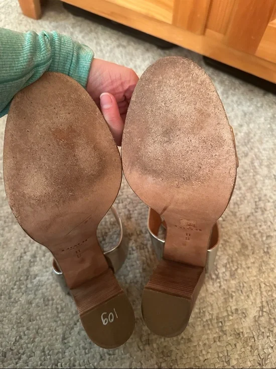 Coach Metallic Silver Leather Block Heel Sandals heel approximately 5” - Picture 11 of 12